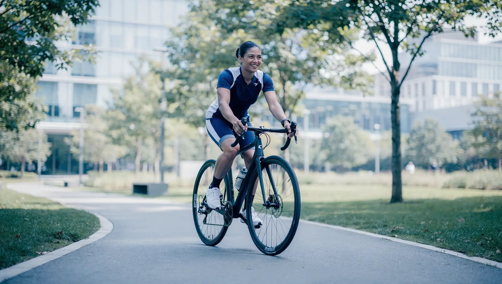 Mujer joven practicando ciclismo en un parque