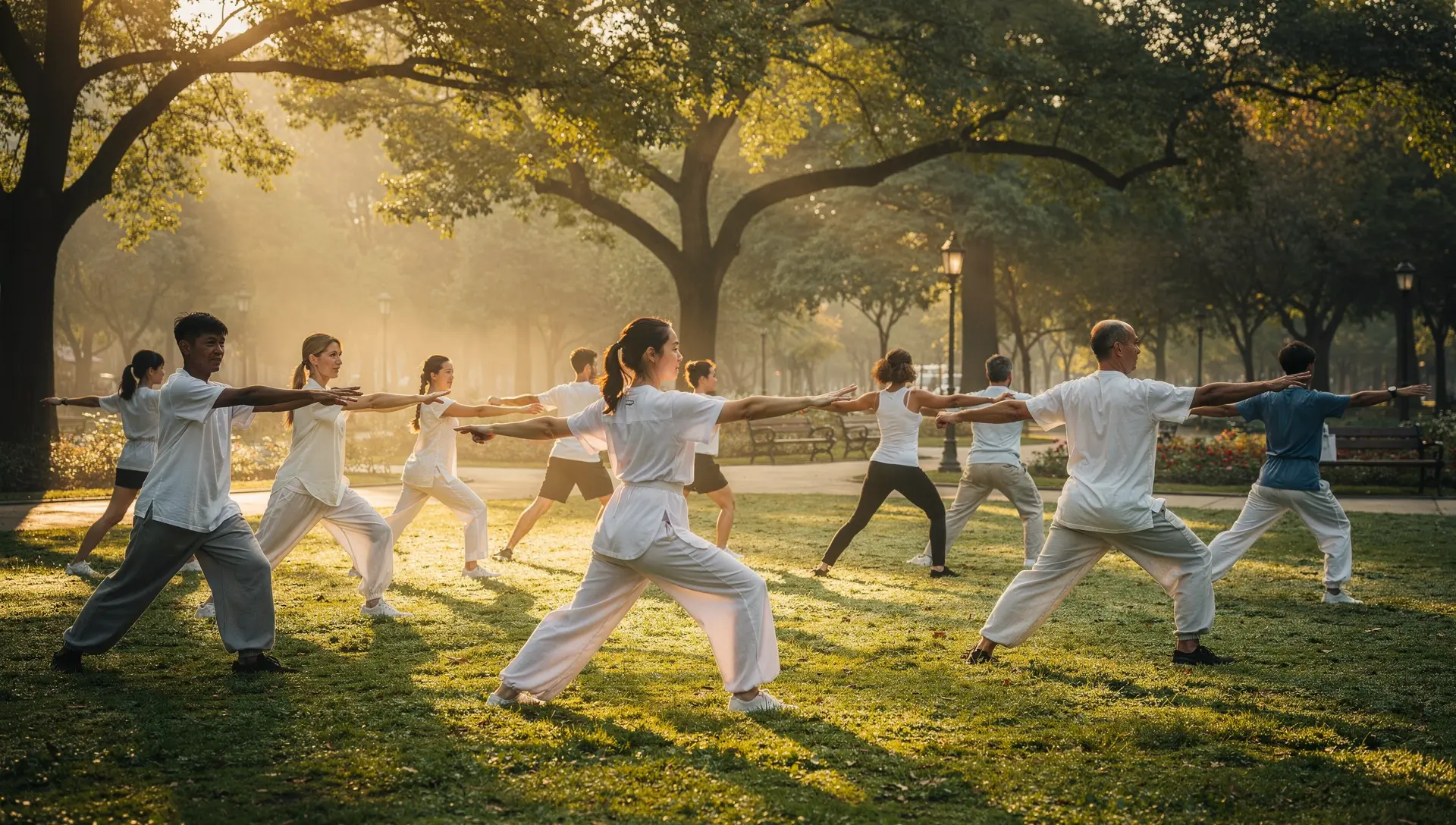 Personas practicando TaiChi en un parque
