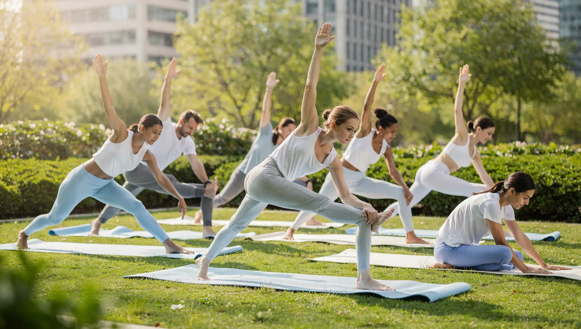 Personas practicando yoga en un parque